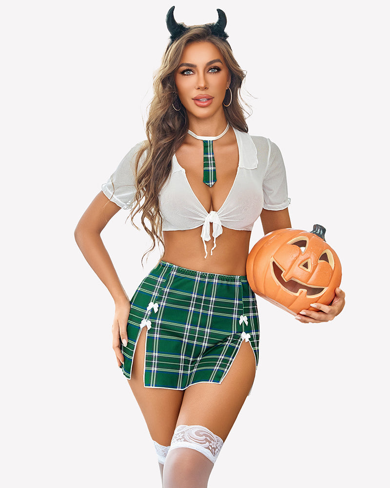 Costume Sheer Tie Top and Mini Skirt with Thong Lingerie Sets-Skirt Sets - Tophatter Daily Deals