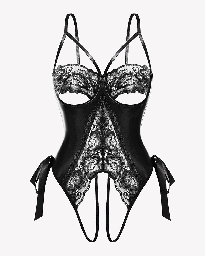 PU Cutout Teddy Underwire Bodysuits Black Lingeries-Bodysuits - Tophatter Daily Deals