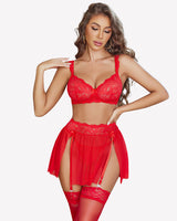 3 Piece Garter Lace Bra and Skirt Set Red Lingerie Sets-Skirt Sets - Tophatter Daily Deals