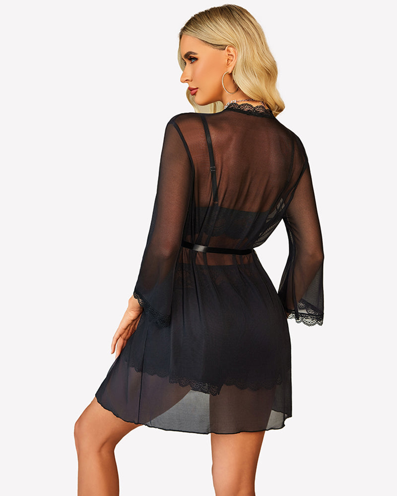 Lace Bra and Silk Satin Shorts with Mesh Robe Sleepwears-Pajamas Sets - Tophatter Daily Deals