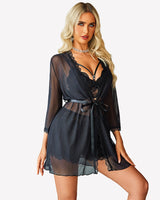 Lace Bra and Silk Satin Shorts with Mesh Robe Sleepwears-Pajamas Sets - Tophatter Daily Deals