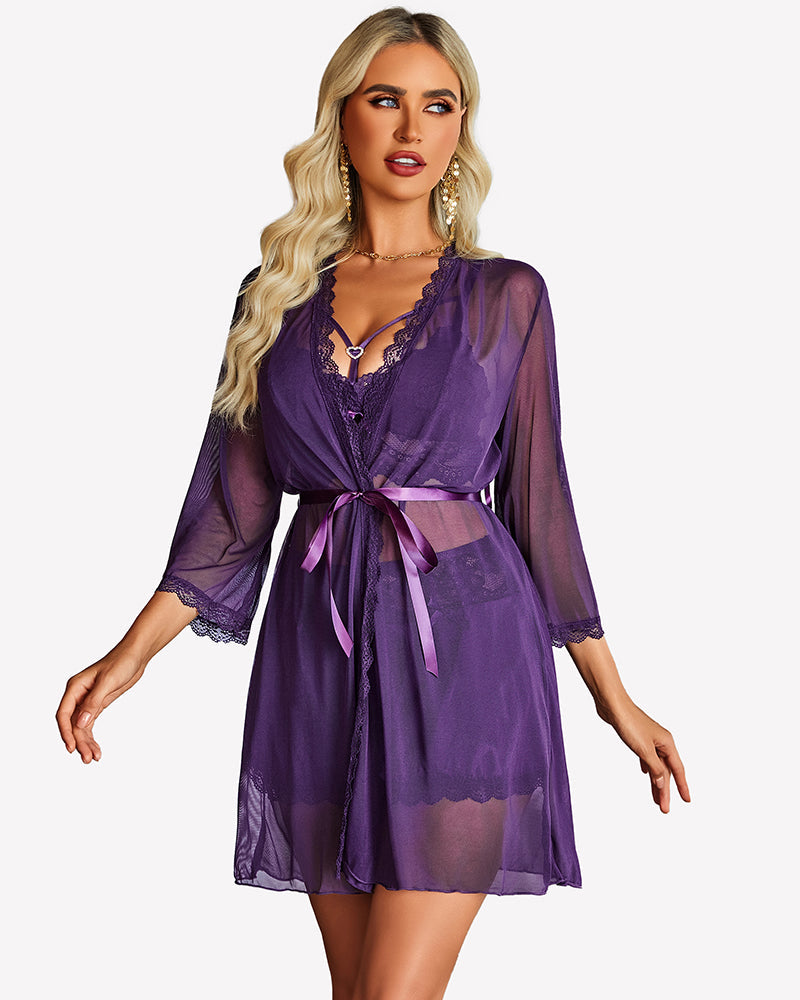 Lace Bra and Silk Satin Shorts with Mesh Robe Deep Purple Sleepwears-Pajamas Sets - Tophatter Daily Deals