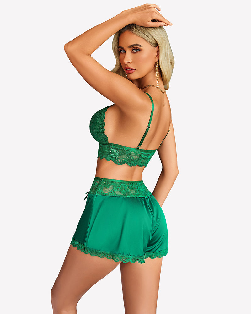 Lace Bra and Silk Satin Shorts with Mesh Robe Sleepwears-Pajamas Sets - Tophatter Daily Deals