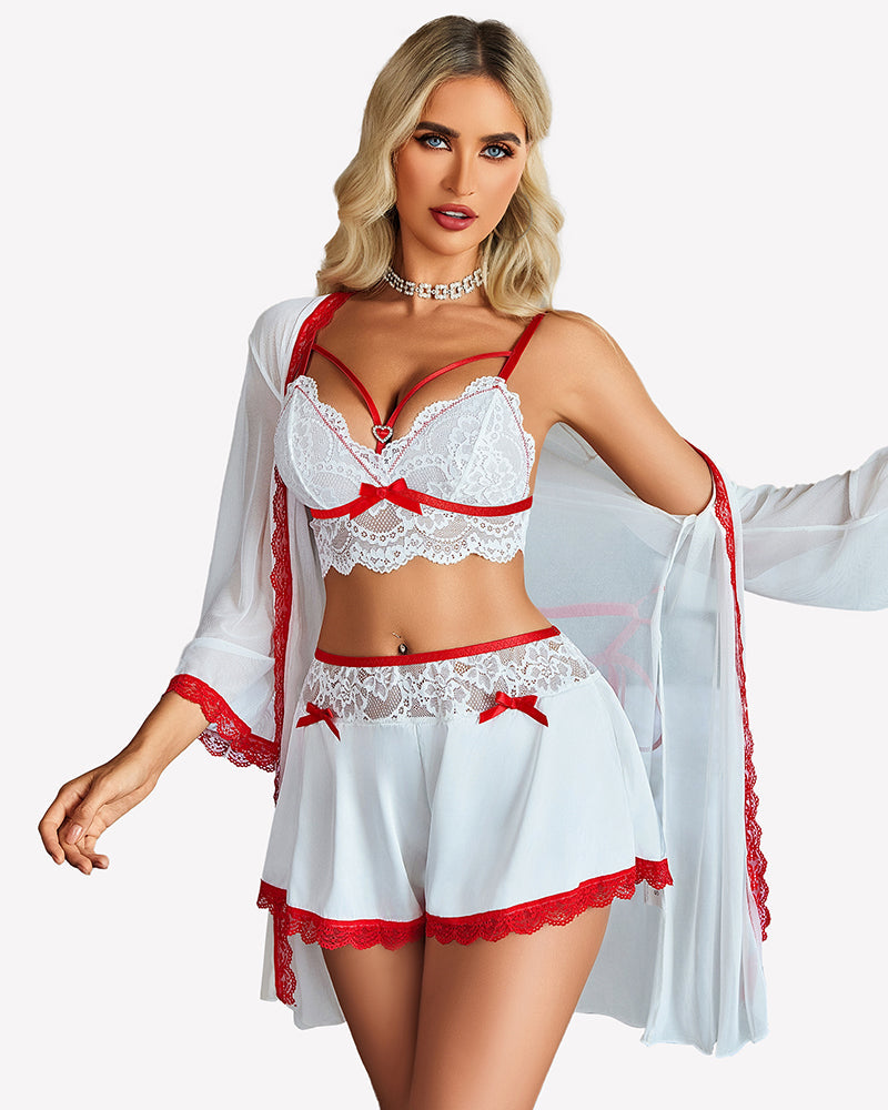 Lace Bra and Silk Satin Shorts with Mesh Robe Sleepwears-Pajamas Sets - Tophatter Daily Deals