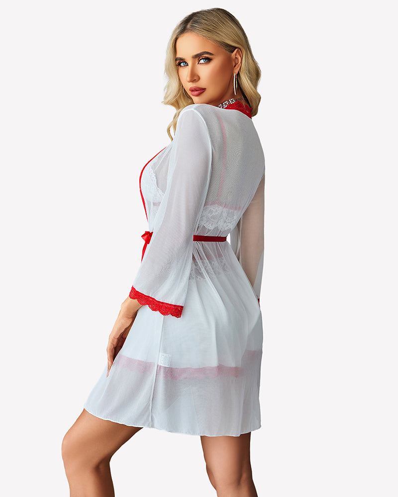 Lace Bra and Silk Satin Shorts with Mesh Robe Sleepwears-Pajamas Sets - Tophatter Daily Deals