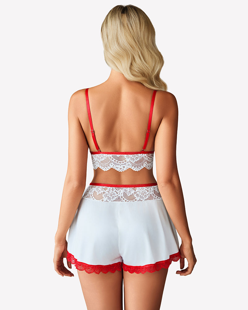 Lace Bra and Silk Satin Shorts with Mesh Robe Sleepwears-Pajamas Sets - Tophatter Daily Deals