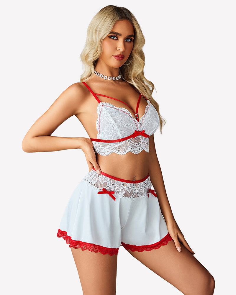 Lace Bra and Silk Satin Shorts with Mesh Robe Sleepwears-Pajamas Sets - Tophatter Daily Deals