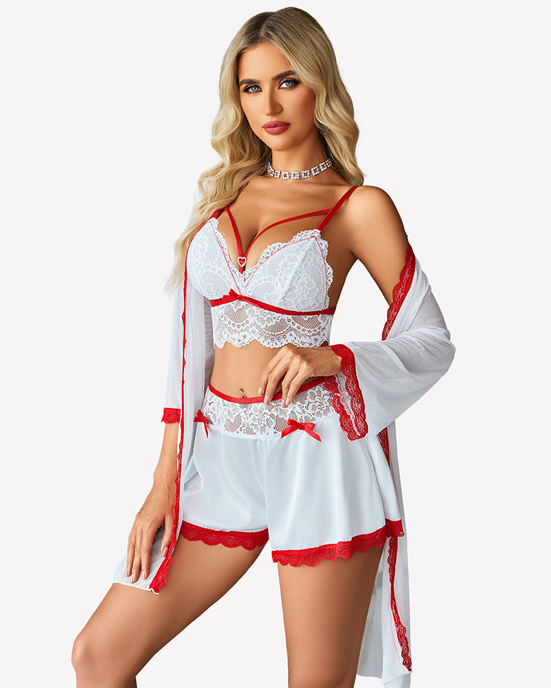 Lace Bra and Silk Satin Shorts with Mesh Robe White Mix Red Sleepwears-Pajamas Sets - Tophatter Daily Deals