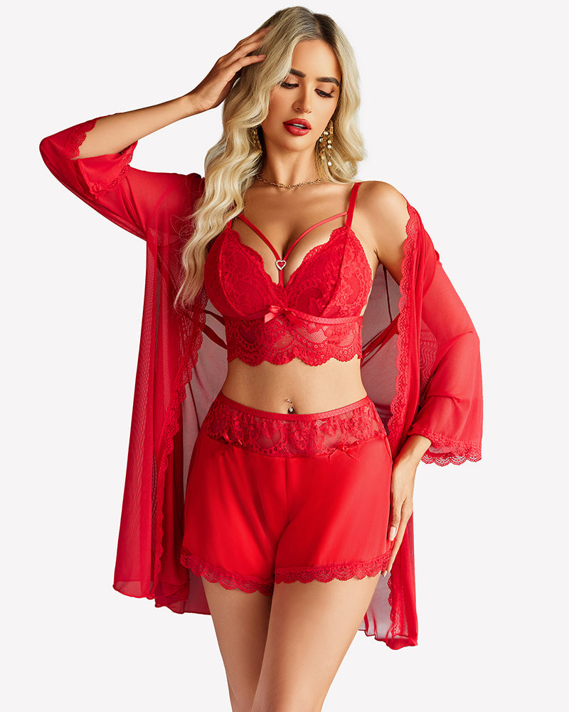 Lace Bra and Silk Satin Shorts with Mesh Robe Red Sleepwears-Pajamas Sets - Tophatter Daily Deals