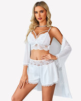 Lace Bra and Silk Satin Shorts with Mesh Robe White Sleepwears-Pajamas Sets - Tophatter Daily Deals