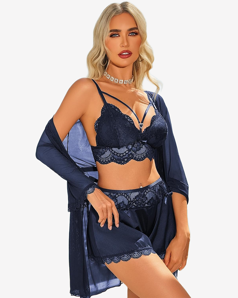 Lace Bra and Silk Satin Shorts with Mesh Robe Navy Blue Sleepwears-Pajamas Sets - Tophatter Daily Deals