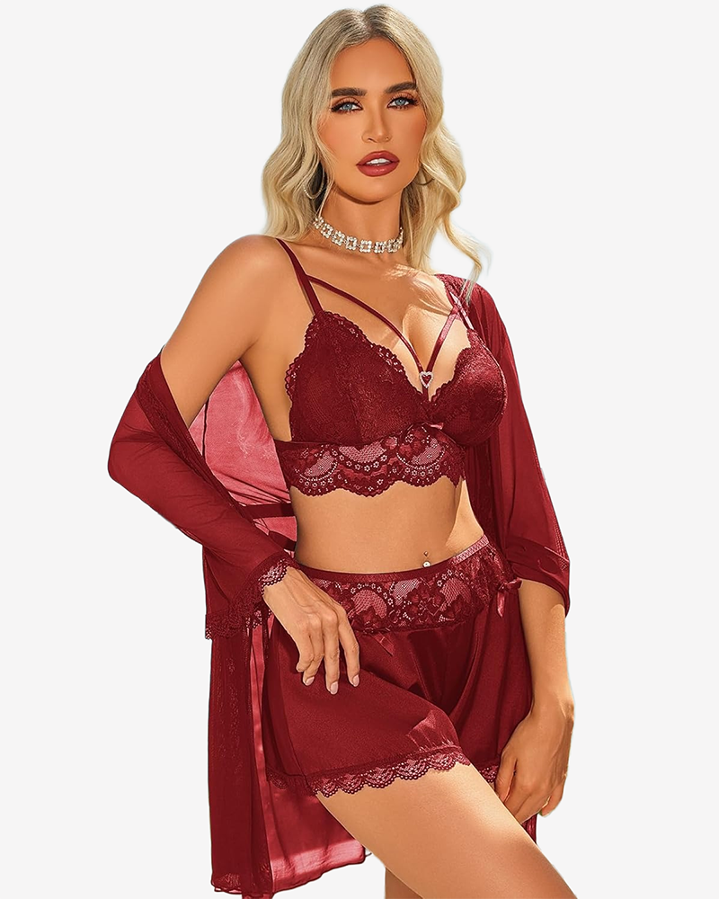 Lace Bra and Silk Satin Shorts with Mesh Robe Wine Red Sleepwears-Pajamas Sets - Tophatter Daily Deals