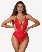 Deep V Teddy Racerback Backless Bodysuit Red Lingeries-Bodysuits - Tophatter Daily Deals