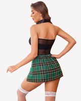 Halter Mesh Bodysuit with Slit Mini Skirt Lingerie Sets-Skirt Sets - Tophatter Daily Deals