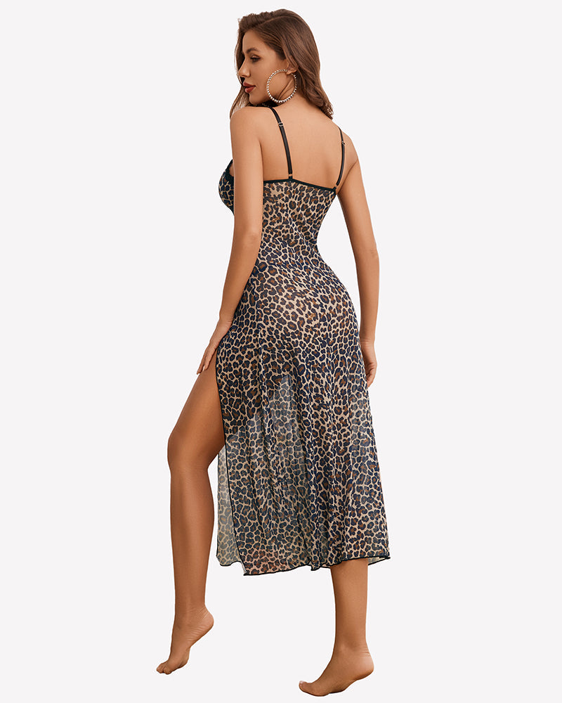 Split Mesh Lace Floral Dress with Thong Set Sleepwears-nightgowns - Tophatter Daily Deals