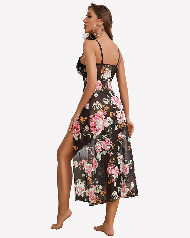 Split Mesh Lace Floral Dress with Thong Set Sleepwears-nightgowns - Tophatter Daily Deals