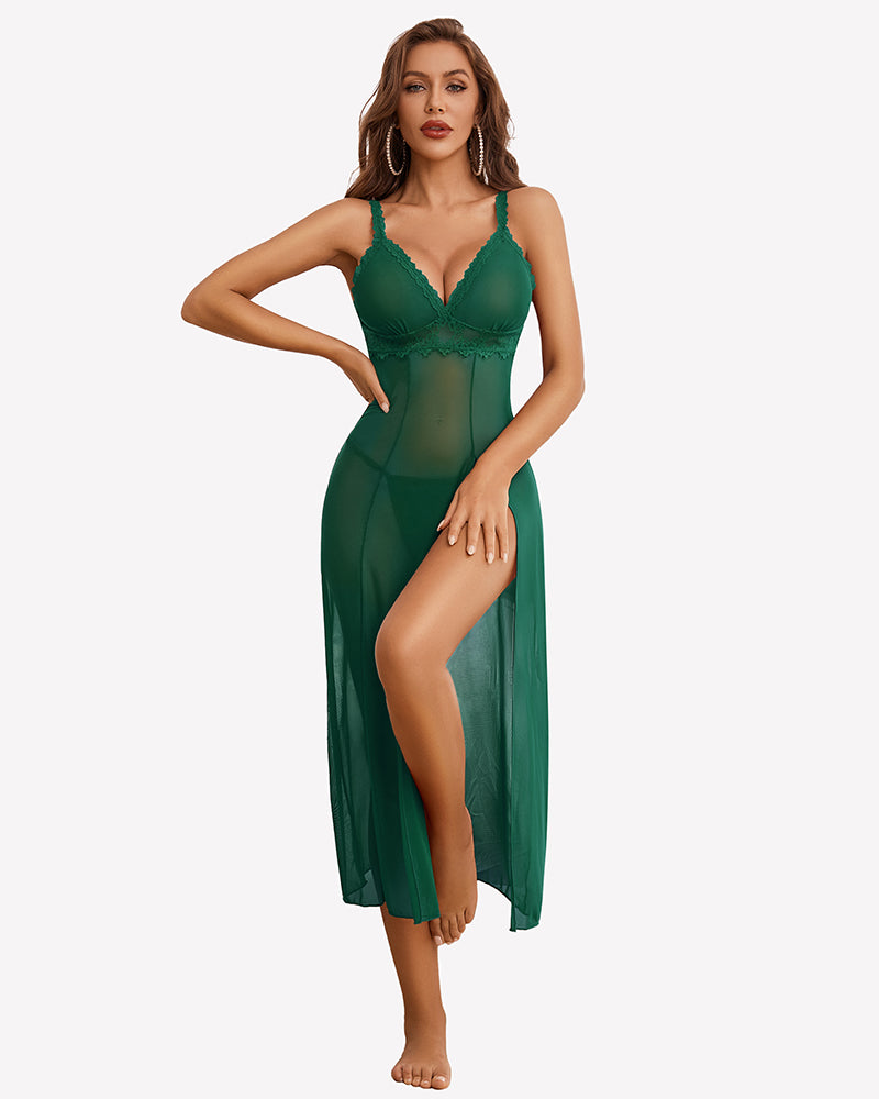 Split Mesh Lace Floral Dress with Thong Set Green Sleepwears-nightgowns - Tophatter Daily Deals