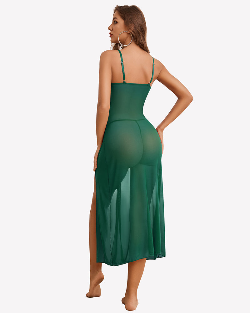 Split Mesh Lace Floral Dress with Thong Set Sleepwears-nightgowns - Tophatter Daily Deals