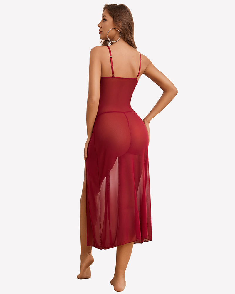 Split Mesh Lace Floral Dress with Thong Set Sleepwears-nightgowns - Tophatter Daily Deals