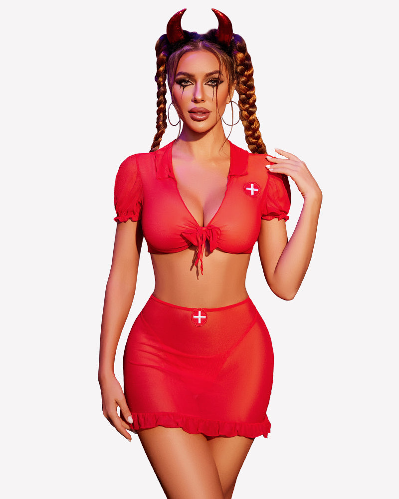 Nurse Cosplay Outfits with Tie Top and Mini Skirt Set Lingerie Sets-Skirt Sets - Tophatter Daily Deals