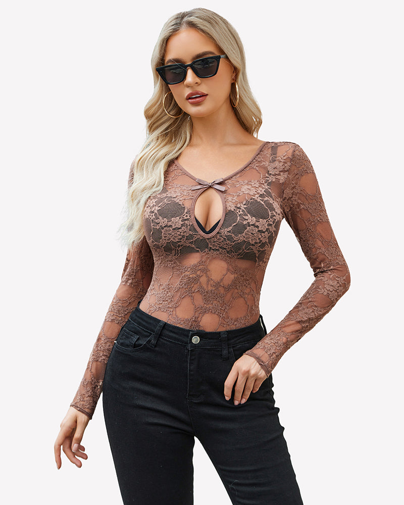 Long Sleeve See Through Lace Bodysuit Lingeries-Bodysuits - Tophatter Daily Deals
