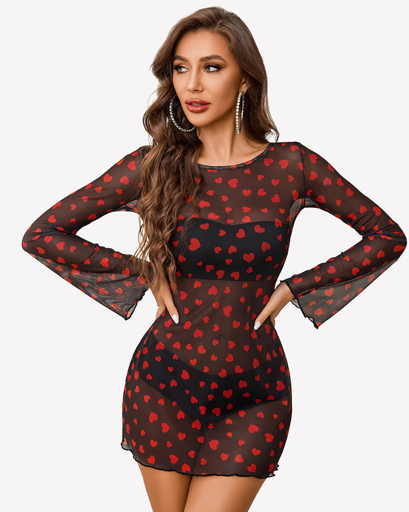 Mesh Backless Bell Sleeve Mini Dresses Black Heart Lingeries-Chemises - Tophatter Daily Deals