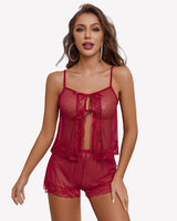 Sheer Open Front Polka Dot Shorts Set Burgundy Sleepwears-Pajamas Sets - Tophatter Daily Deals