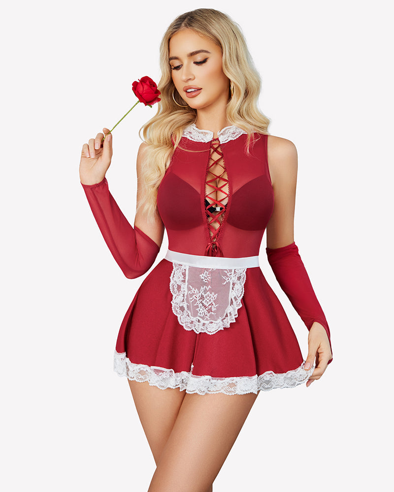 Maid Lingerie Costumes with Sheer Gloves Red Lingerie-Babydolls - Tophatter Daily Deals