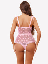 Heart Sheer Mesh Lace Bodysuit with Belt Lingeries-Bodysuits - Tophatter Daily Deals