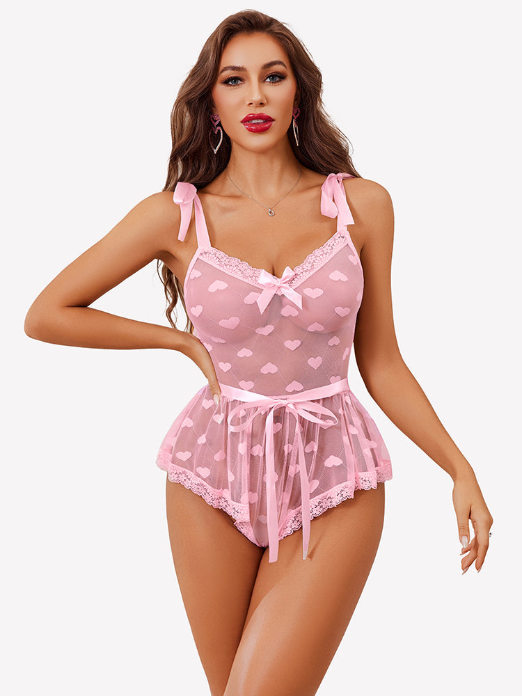 Heart Sheer Mesh Lace Bodysuit with Belt Light Pink Lingeries-Bodysuits - Tophatter Daily Deals