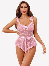 Heart Sheer Mesh Lace Bodysuit with Belt Light Pink Lingeries-Bodysuits - Tophatter Daily Deals