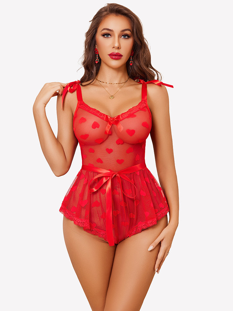 Heart Sheer Mesh Lace Bodysuit with Belt Lingeries-Bodysuits - Tophatter Daily Deals