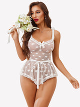 Heart Sheer Mesh Lace Bodysuit with Belt White Lingeries-Bodysuits - Tophatter Daily Deals