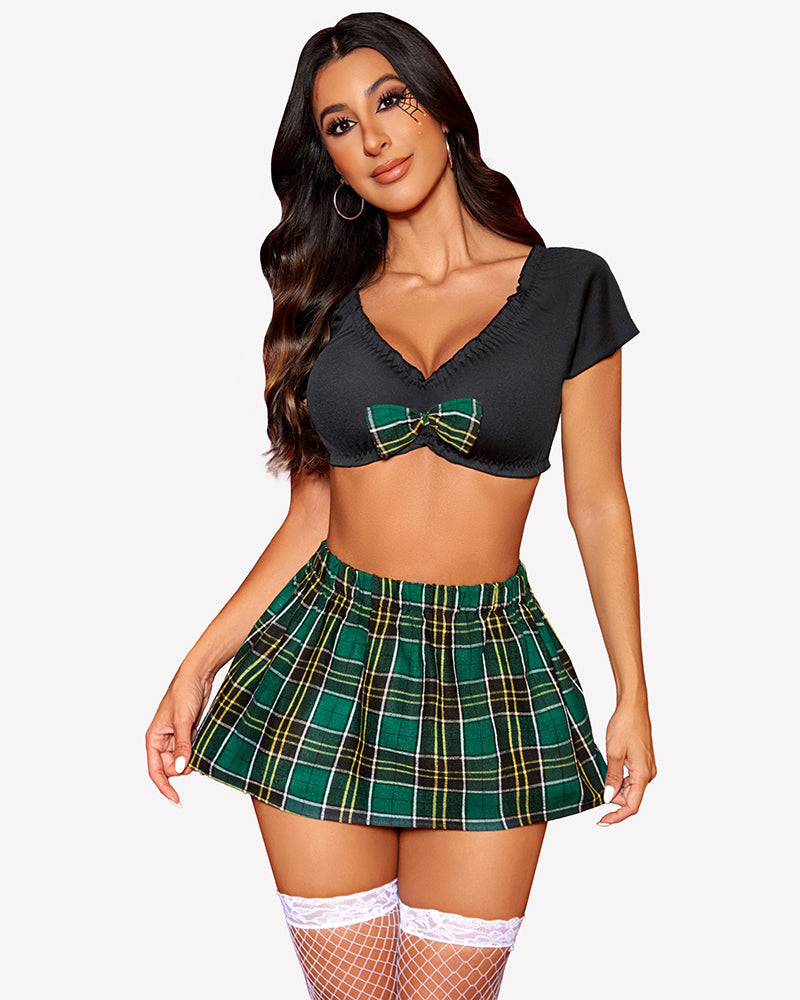 Ruffle Edge Sleeve Plaid Skirt Set Green Plaid Lingerie Sets-Skirt Sets - Tophatter Daily Deals