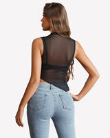 Sheer Mock Neck Tank Asymmetrical Top Lingeries-Crop tops - Tophatter Daily Deals