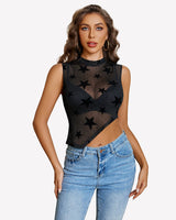 Sheer Mock Neck Tank Asymmetrical Top Black Star Lingeries-Crop tops - Tophatter Daily Deals