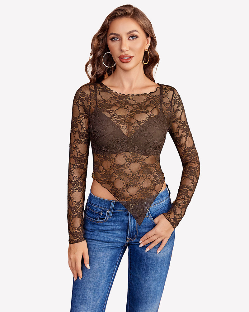 Mesh Tops Lace Long Sleeve Shirts Brown Lingeries-Crop tops - Tophatter Daily Deals