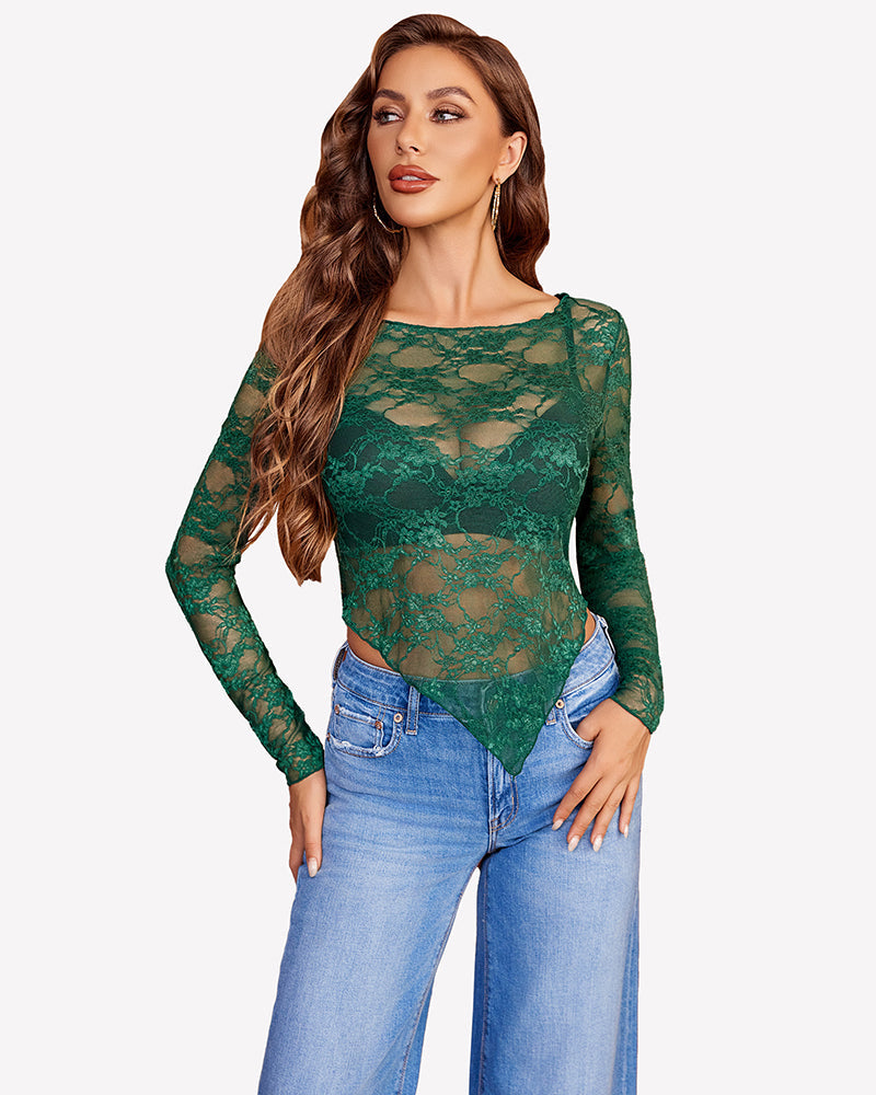 Mesh Tops Lace Long Sleeve Shirts Green Lingeries-Crop tops - Tophatter Daily Deals