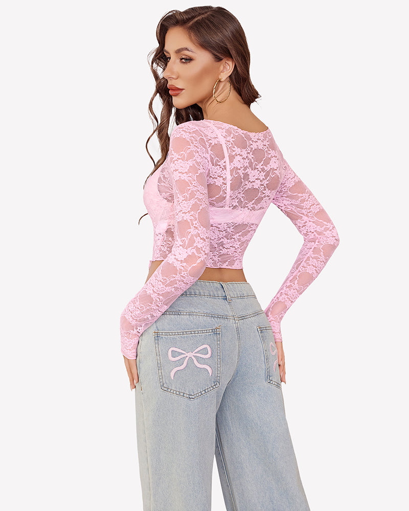 Mesh Tops Lace Long Sleeve Shirts Lingeries-Crop tops - Tophatter Daily Deals