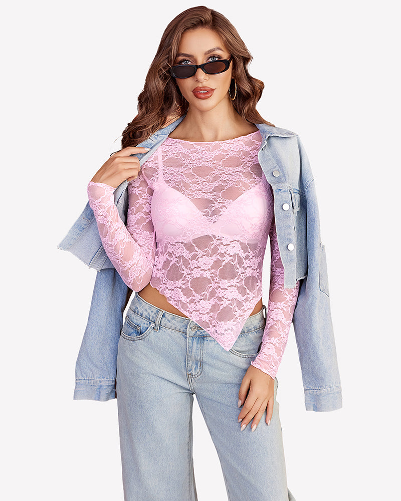 Mesh Tops Lace Long Sleeve Shirts Lingeries-Crop tops - Tophatter Daily Deals