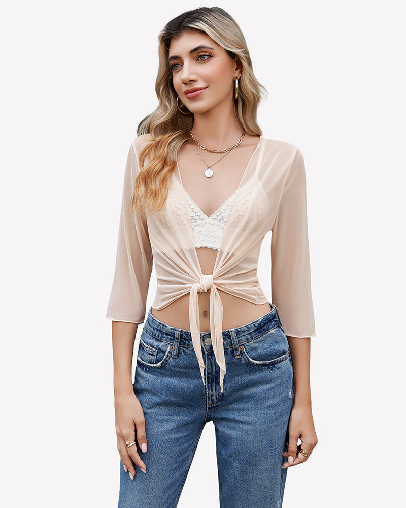 Tie Front Sheer Mesh Bolero Cardigan Champagne Lingeries-Crop tops - Tophatter Daily Deals