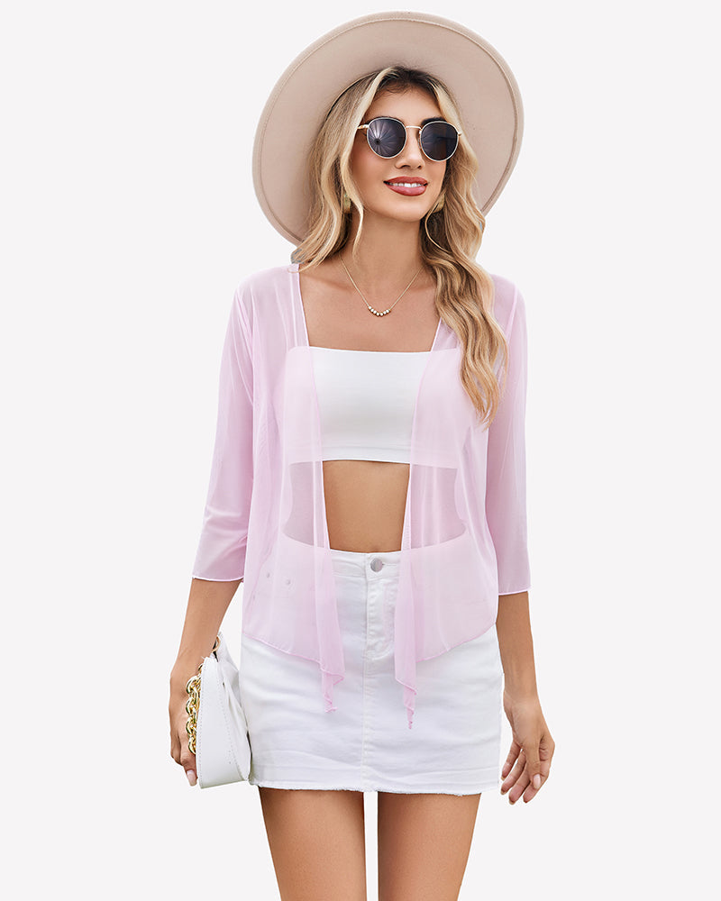 Tie Front Sheer Mesh Bolero Cardigan Pink Lingeries-Crop tops - Tophatter Daily Deals
