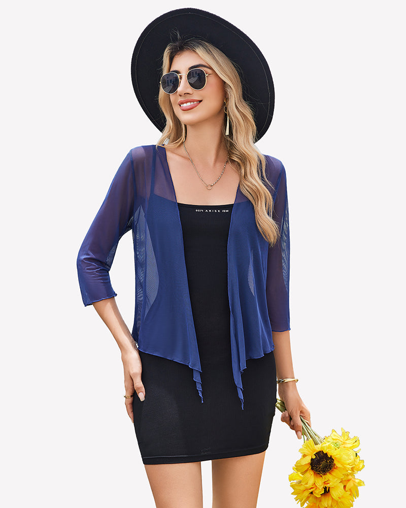 Tie Front Sheer Mesh Bolero Cardigan Navy Blue Lingeries-Crop tops - Tophatter Daily Deals