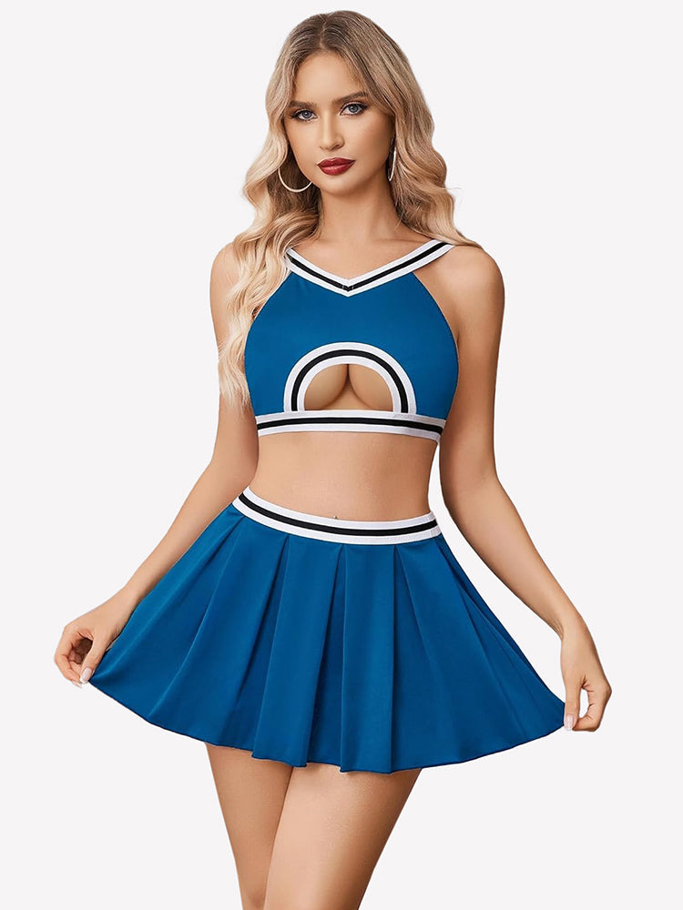 Costume Hollow Crop Top Pleated Skirts Set Light Blue Lingerie Sets-Skirt Sets - Tophatter Daily Deals