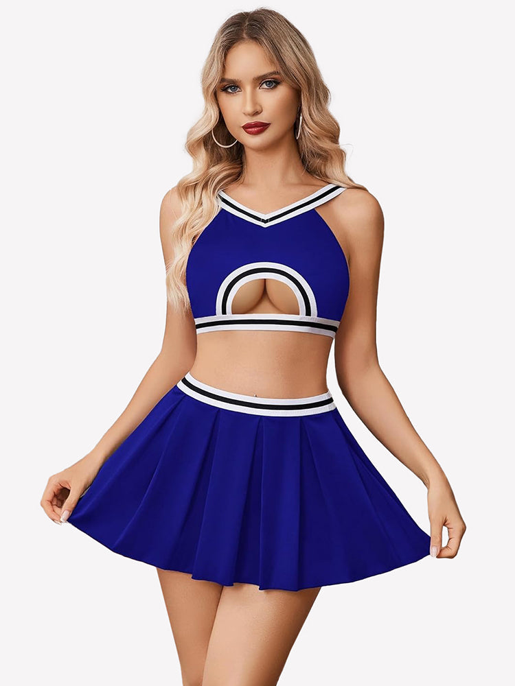 Costume Hollow Crop Top Pleated Skirts Set Royal Blue Lingerie Sets-Skirt Sets - Tophatter Daily Deals