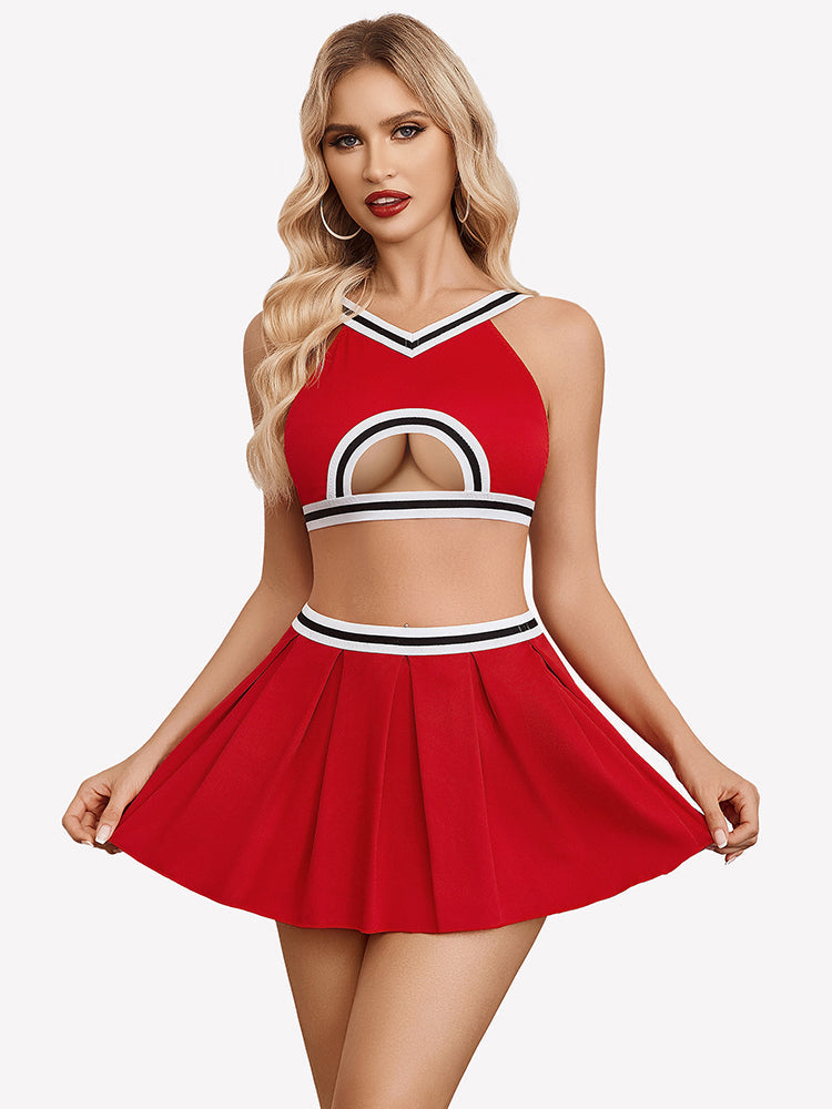 Costume Hollow Crop Top Pleated Skirts Set Red Lingerie Sets-Skirt Sets - Tophatter Daily Deals