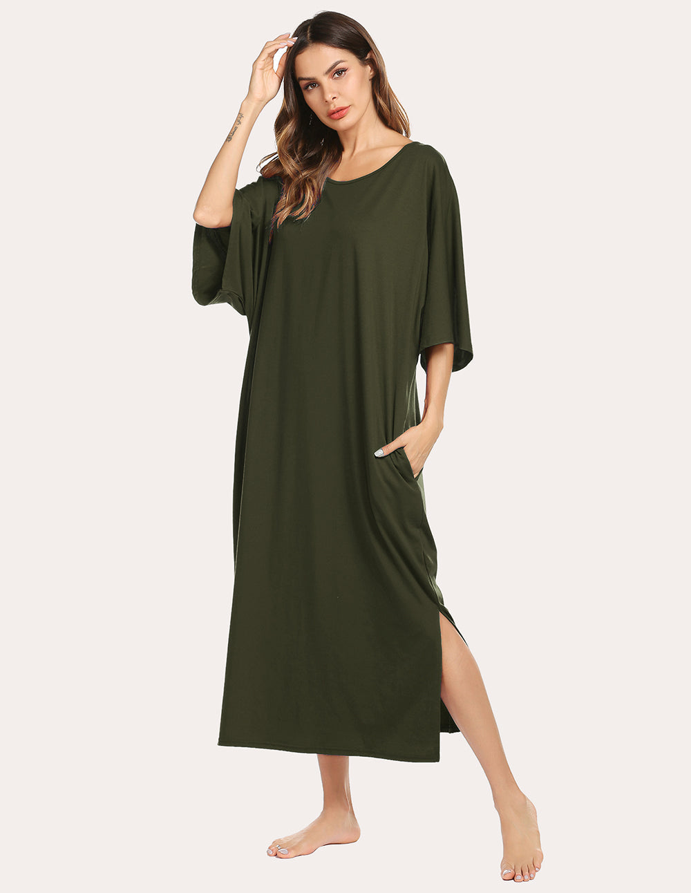 Ekouaer Oversized Split Hem Nightdress (US Only) Army Green XL Loungewear - Tophatter Daily Deals