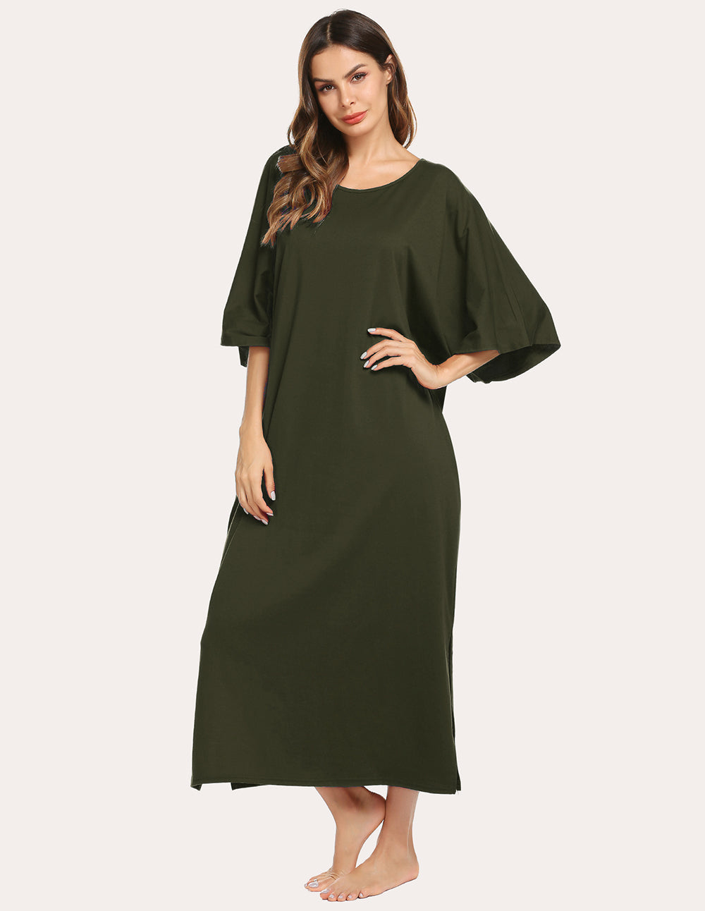 Ekouaer Oversized Split Hem Nightdress (US Only) Army Green XXL Loungewear - Tophatter Daily Deals