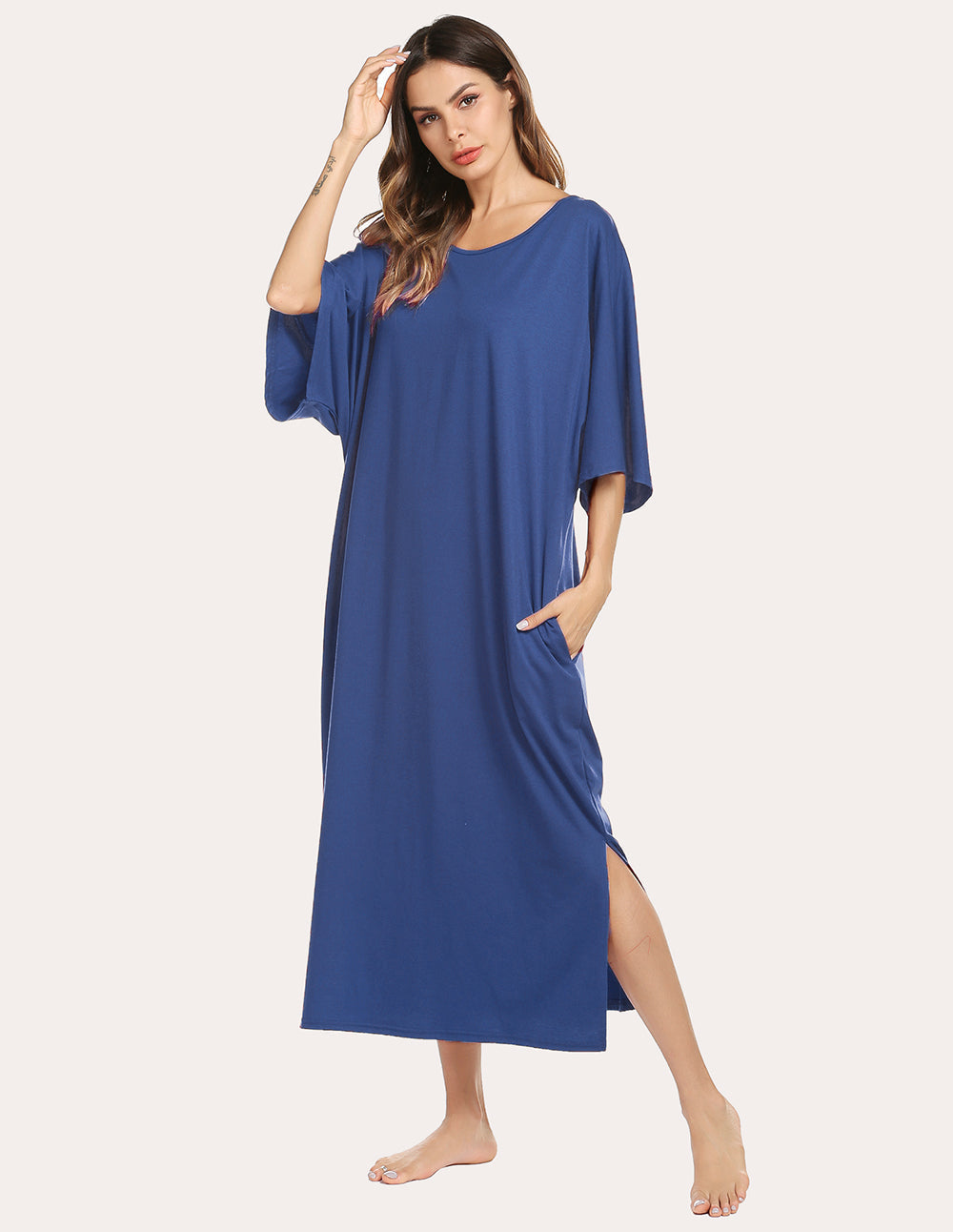 Ekouaer Oversized Split Hem Nightdress (US Only) Navy XL Loungewear - Tophatter Daily Deals