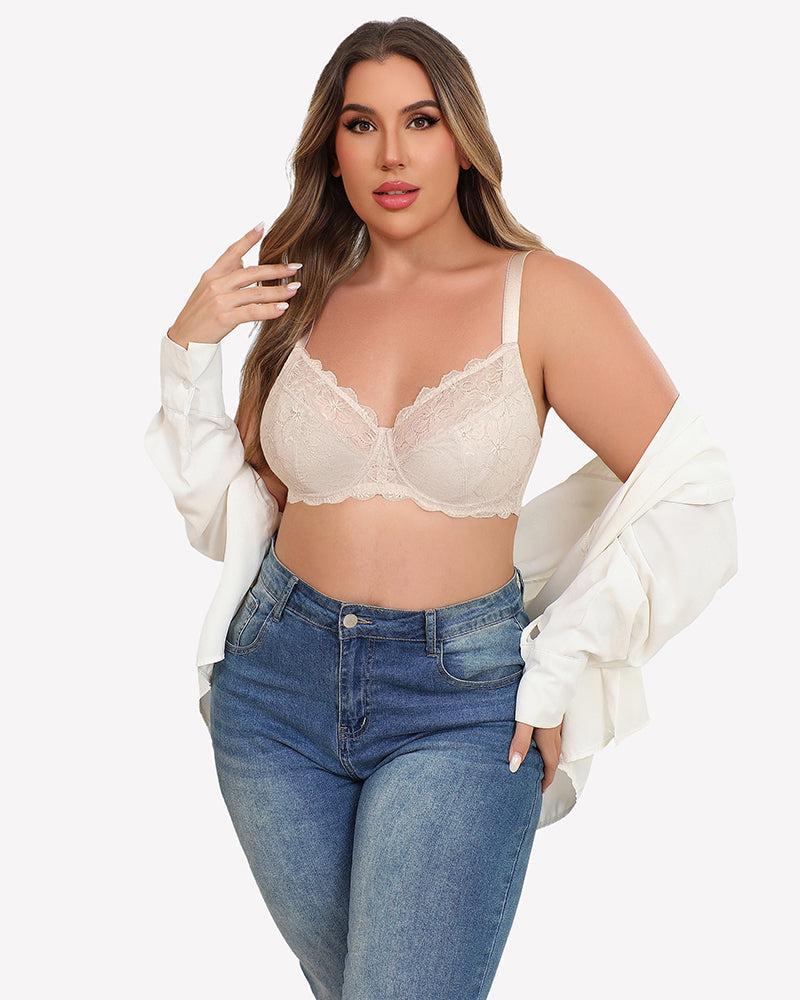 Lifting Lace Underwire Bra for Large Bust Beige Lingerie Sets-Bras - Tophatter Daily Deals